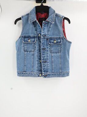 VTG Ralph Lauren Vest Womens XS Cotton Cropped Blue Denim Utility Floral Lined